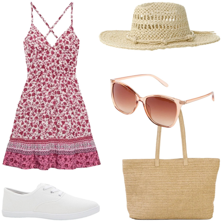 Outfit donna - Weekend in campagna. Stile Romantica per Tutti i giorni. Abbinamento con sneakers, occhiali da sole, shopping bag, vestiti corti, cappelli.