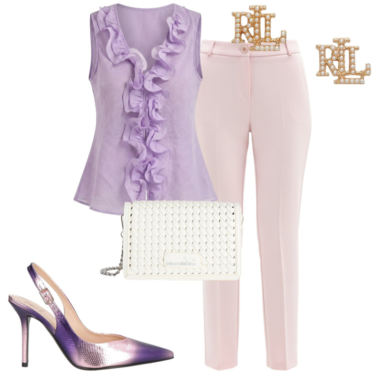 Outfit donna - Cerimonia. Stile Chic per Cerimonia. Abbinamento con décolleté, borse a tracolla, pantaloni, camicie a manica corta, orecchini.