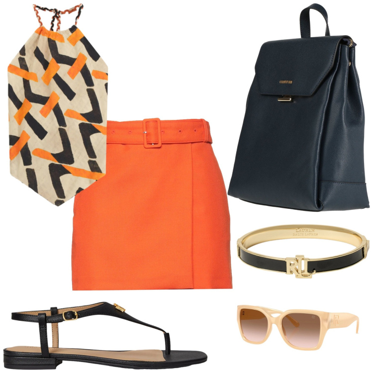 Outfit donna - Ananas e mango. Stile Etnico per Tutti i giorni. Abbinamento con minigonne, zaini, occhiali da sole, braccialetti, sandali in pelle, top.