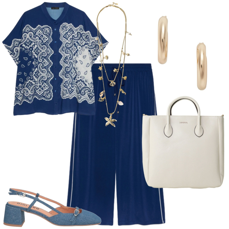 Outfit donna - L\'ora più bella. Stile Chic per Serata fuori. Abbinamento con décolleté, collane, borse a tracolla, pantaloni, bluse, orecchini.