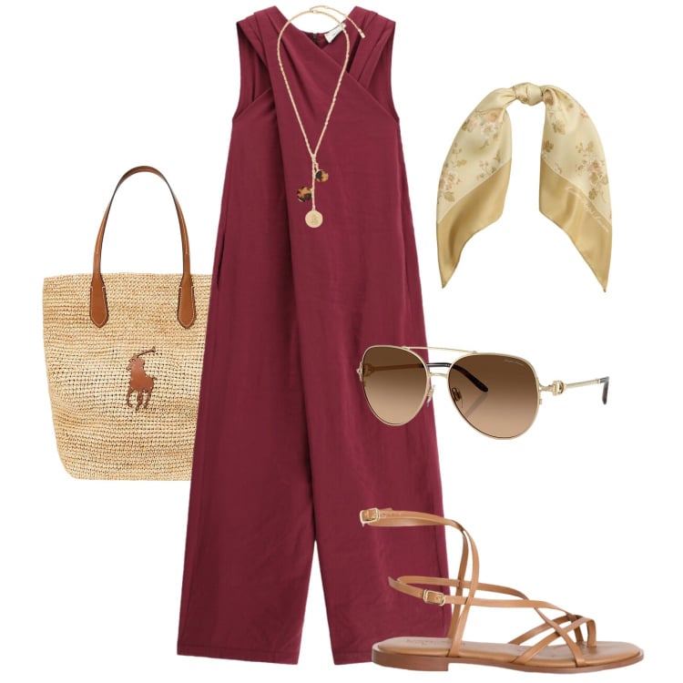 Outfit donna - Jumpsuite fluida in gita-@laurafo. Stile Casual chic per Tutti i giorni. Abbinamento con sandali in pelle, occhiali da sole, borse tote, foulard, collane, tute.