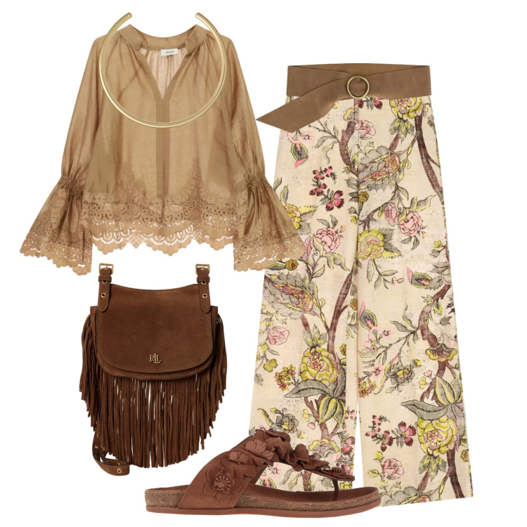 Outfit donna - Tropical bohémien. Stile Boho per Tutti i giorni. Abbinamento con infradito, borse a tracolla, collane, cinture, camicie, pantaloni a palazzo.