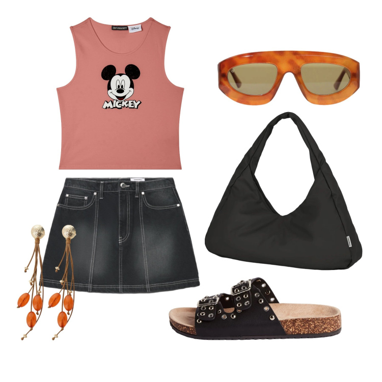 Outfit donna - Giugno. Stile Trendy per Tutti i giorni. Abbinamento con ciabatte, minigonne, occhiali da sole, canottiere, borse a spalla, orecchini.