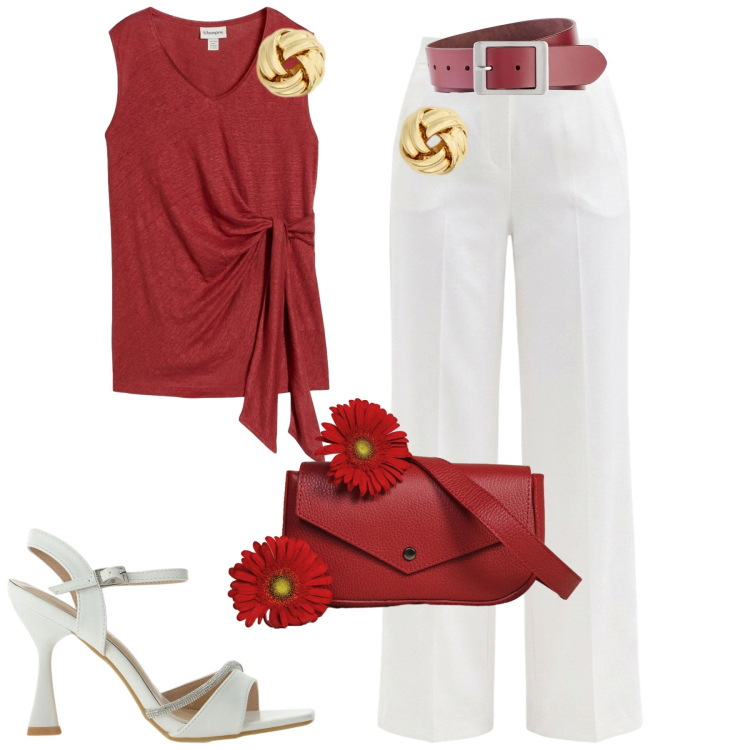 Outfit donna - Lino protagonisti. Stile Casual chic per Tutti i giorni. Abbinamento con canottiere, cinture, sandali gioiello, pantaloni, orecchini, borse a tracolla.