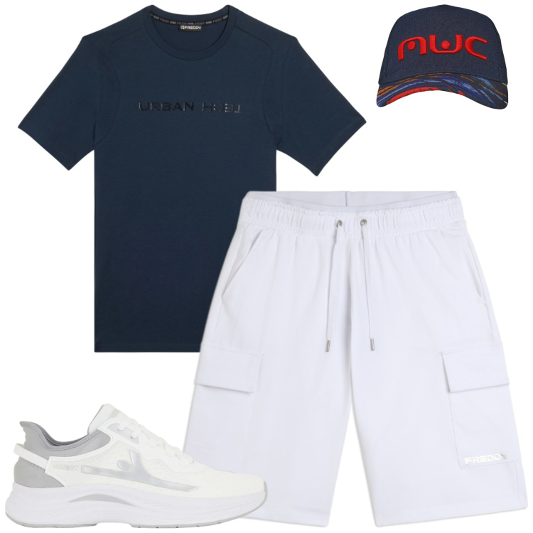 Outfit uomo - Freddy. Stile Casual per Tutti i giorni. Abbinamento con cappelli con visiera, t-shirt, sneakers, bermuda.