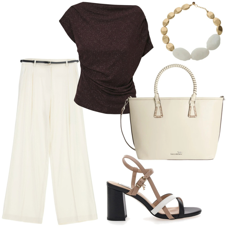 Outfit donna - Eleganza discreta da cancerina. Stile Minimal per Serata fuori. Abbinamento con shopping bag, pantaloni a palazzo, bluse, collane, sandali col tacco.