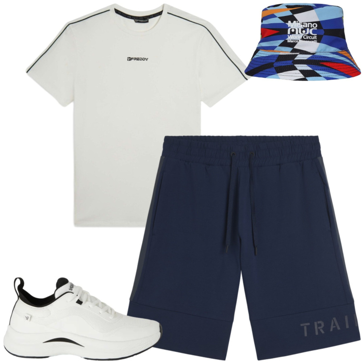 Outfit uomo - Freddy. Stile Casual per Tutti i giorni. Abbinamento con cappelli, sneakers, t-shirt sportive, bermuda.