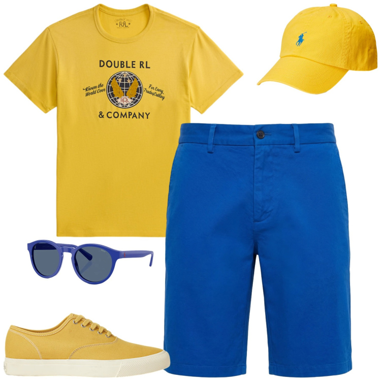 Outfit uomo - City. Stile Casual per Tutti i giorni. Abbinamento con bermuda, sneakers, cappelli con visiera, occhiali da sole, t-shirt.