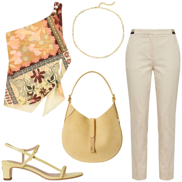 Outfit donna - Aperitivo serale. Stile Chic per Serata fuori. Abbinamento con pantaloni chino, borse a spalla, sandali in pelle, collane, top.