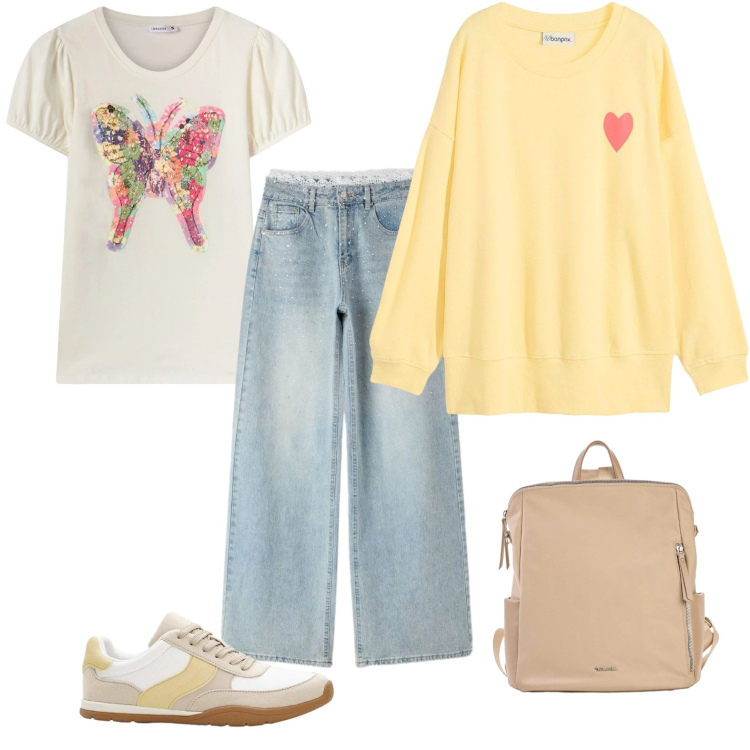 Outfit donna - Fuga in montagna per sfuggire all\'afa. Stile Sporty chic per Tutti i giorni. Abbinamento con zaini, felpe, sneakers, t-shirt, jeans.