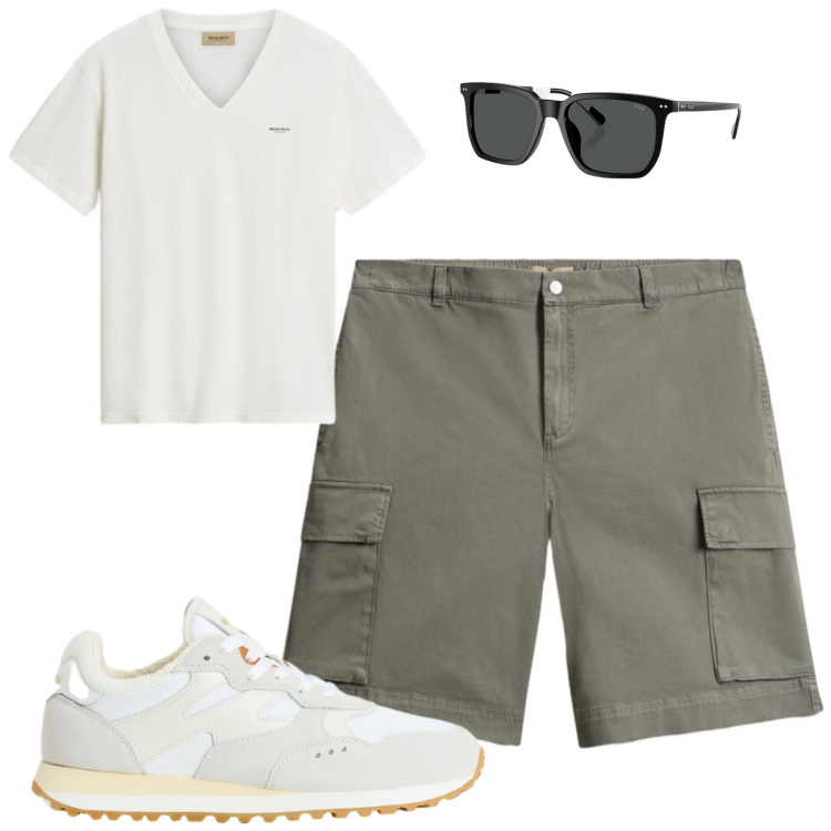 Outfit uomo - Woolrich. Stile Casual per Tutti i giorni. Abbinamento con occhiali da sole, pantaloni corti, sneakers, t-shirt.