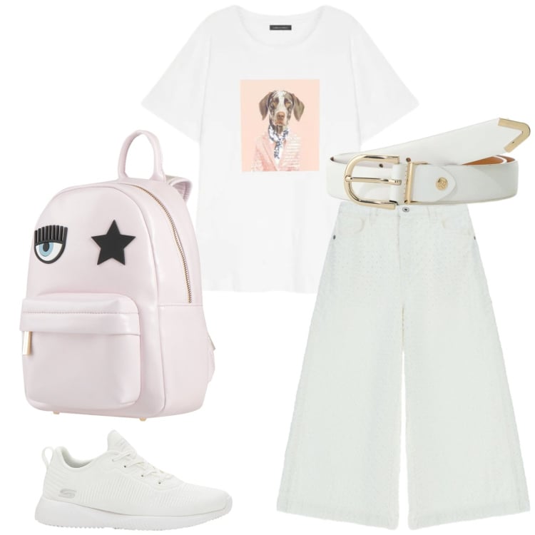Outfit donna - Total look #2422207. Stile Casual per Tutti i giorni. Abbinamento con zaini, sneakers, cinture, pantaloni a palazzo, t-shirt.