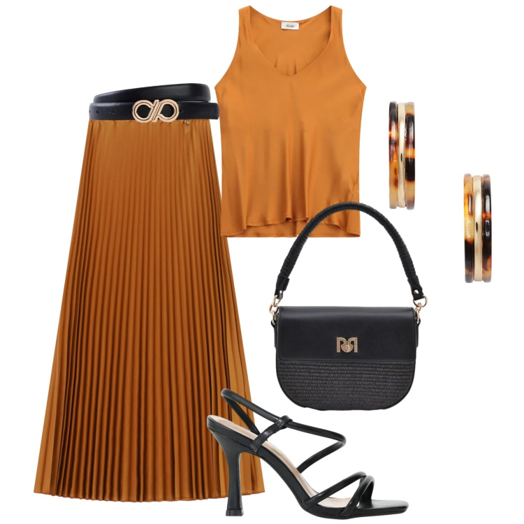 Outfit donna - Aperitivo plissé cognac. Stile Glamour per Serata fuori. Abbinamento con cinture, sandali col tacco, borse a spalla, orecchini, top, gonne lunghe.