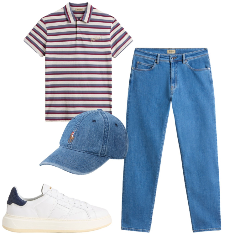 Outfit uomo - Giugno. Stile Casual per Tutti i giorni. Abbinamento con pantaloni, polo, sneakers, cappelli.