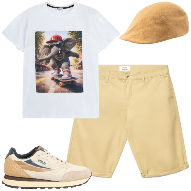 Outfit uomo - City. Stile Casual per Tutti i giorni. Abbinamento con sneakers, shorts, cappelli con visiera, t-shirt.