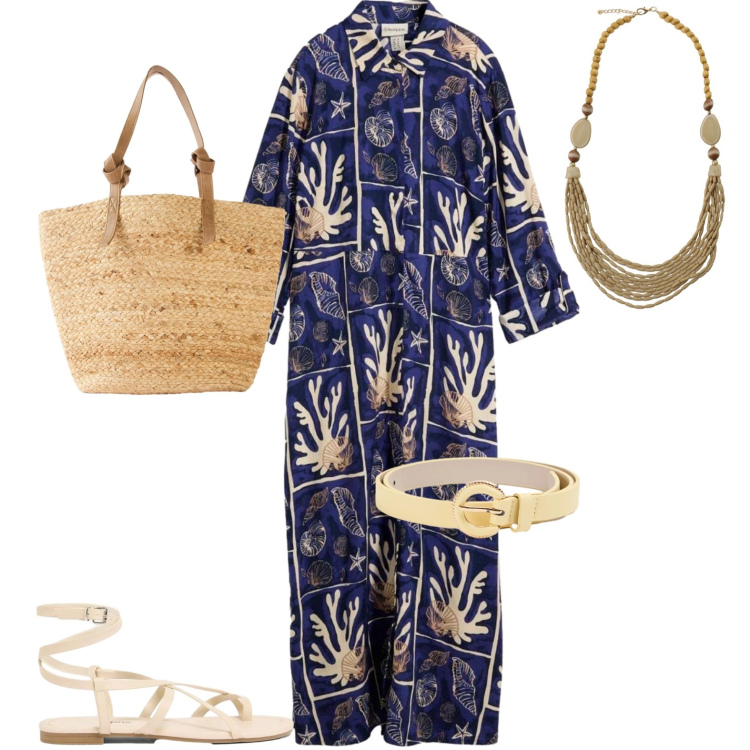 Outfit donna - Tropical summer. Stile Etnico per Mare. Abbinamento con shopping bag, sandali, vestiti chemisier, cinture, collane.