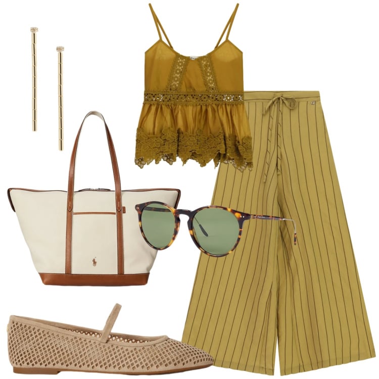 Outfit donna - Total look green. Stile Glamour per Tutti i giorni. Abbinamento con occhiali da sole, borse tote, ballerine, orecchini, pantaloni a palazzo, top.
