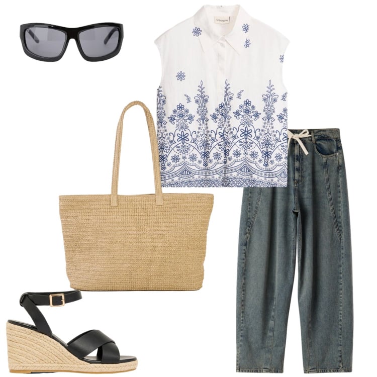 Outfit donna - Gita fuori porta. Stile Casual per Tutti i giorni. Abbinamento con shopping bag, zeppe, camicie a manica corta, jeans, occhiali da sole.
