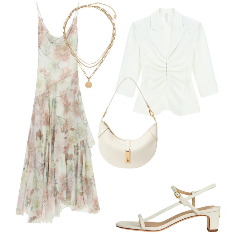 Outfit donna - Cerimonia serale. Stile Casual chic per Cerimonia. Abbinamento con blazer, vestiti lunghi, ciondoli, borse a spalla, sandali in pelle.