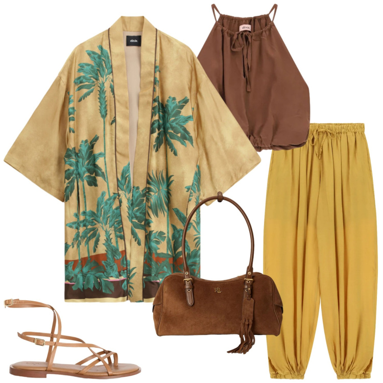 Outfit donna - Stampe tropicali. Stile Casual chic per Serata fuori. Abbinamento con sandali in pelle, borse a spalla, pantaloni a palazzo, blazer, top.