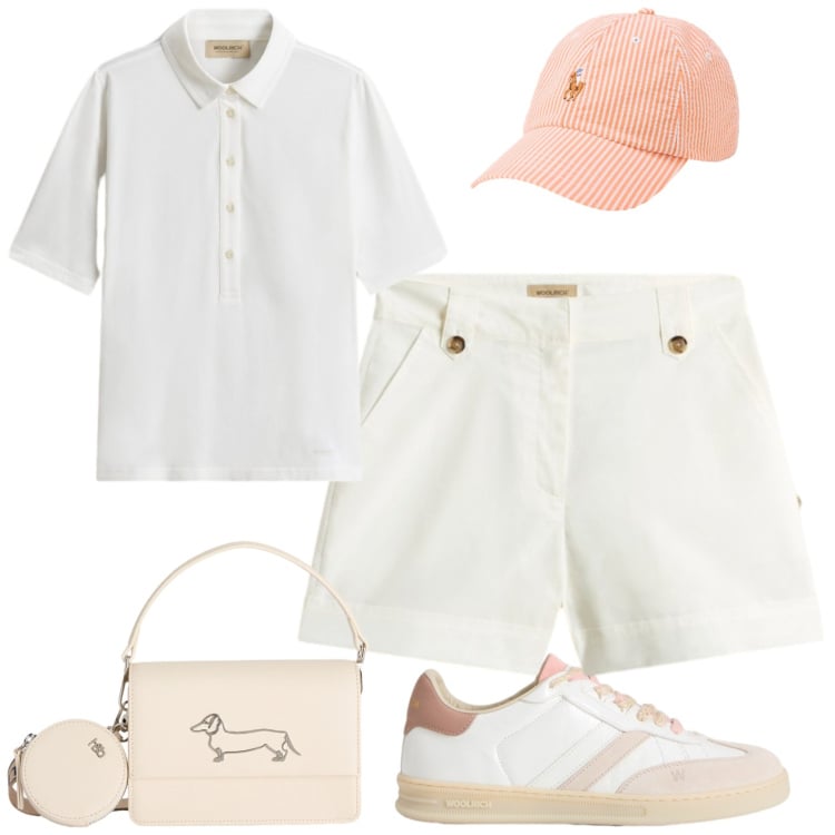 Outfit donna - Woolrich. Stile Casual chic per Tutti i giorni. Abbinamento con borse a tracolla, sneakers, pantaloni corti, polo, cappelli con visiera.