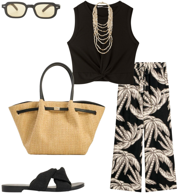 Outfit donna - Stampe tropicali. Stile Sporty chic per Tutti i giorni. Abbinamento con pantaloni, sandali, shopping bag, top, occhiali da sole, collane.