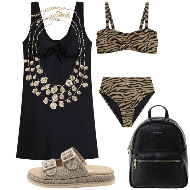 Outfit donna - Vacanza in Egitto. Stile Etnico per Mare. Abbinamento con vestiti da spiaggia, bikini, ciabatte, zaini, collane.