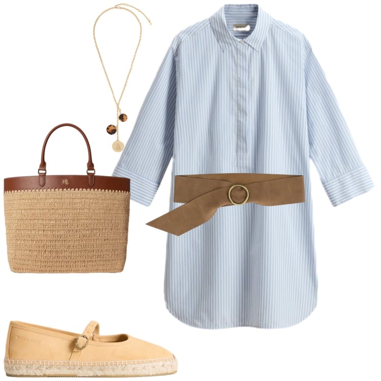 Outfit donna - Giugno. Stile Casual chic per Tutti i giorni. Abbinamento con vestiti corti, espadrillas, collane, borse tote, cinture.