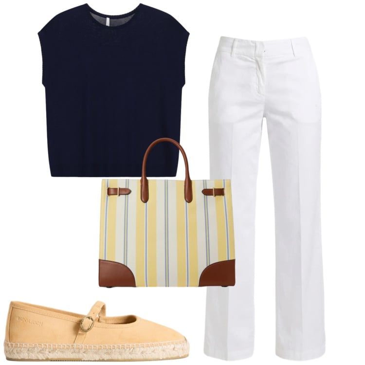 Outfit donna - City. Stile Casual chic per Tutti i giorni. Abbinamento con pantaloni, top, espadrillas, borse tote.