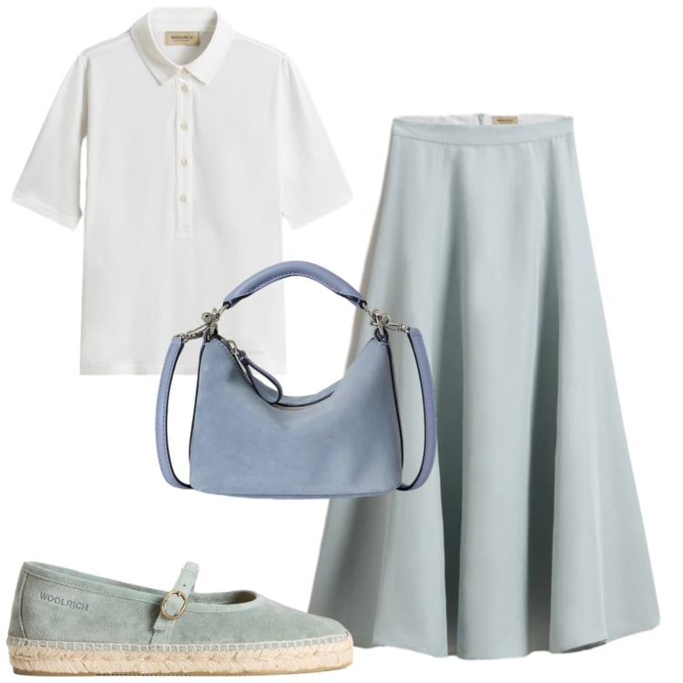 Outfit donna - Lino. Stile Casual chic per Tutti i giorni. Abbinamento con polo, espadrillas, gonne lunghe, borse a spalla.