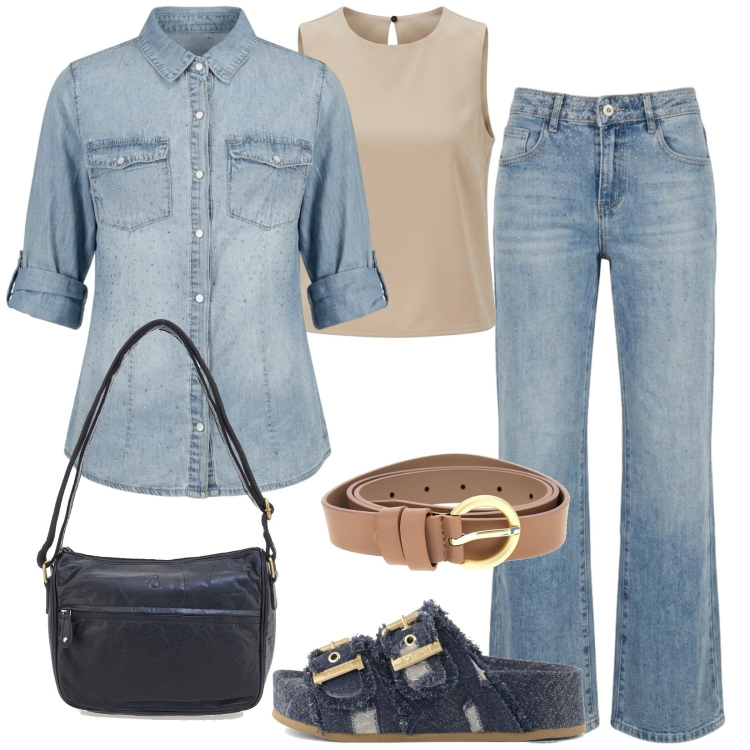 Outfit donna - Denim Nuna Lie. Stile Casual per Tutti i giorni. Abbinamento con jeans, canottiere, camicie a manica corta, borse a tracolla, zeppe, cinture.