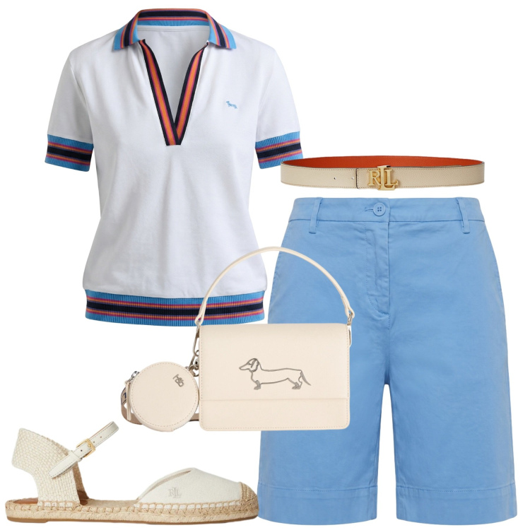 Outfit donna - City. Stile Casual chic per Tutti i giorni. Abbinamento con polo, borse a tracolla, bermuda, cinture, espadrillas.