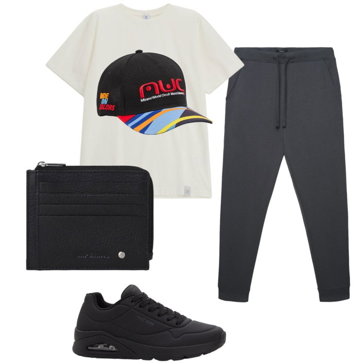 Outfit uomo - Total look #2422238. Stile Casual per Sport. Abbinamento con sneakers, cappelli con visiera, pantaloni sportivi, portafogli, t-shirt.