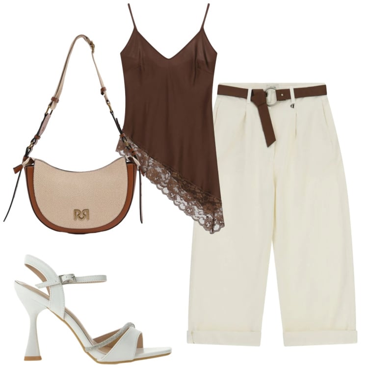 Outfit donna - City. Stile Trendy per Tutti i giorni. Abbinamento con sandali gioiello, top, borse a tracolla, pantaloni.