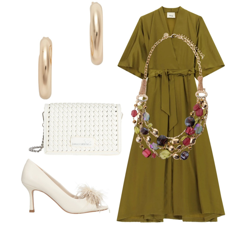 Outfit donna - Festa estiva. Stile Glamour per Serata fuori. Abbinamento con décolleté, borse a tracolla, orecchini, vestiti midi/longuette, collane.
