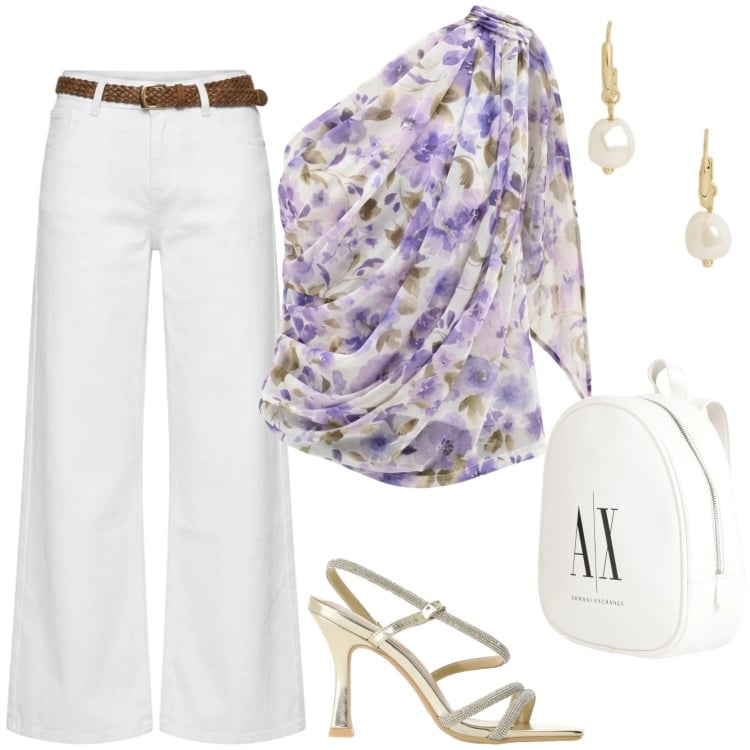 Outfit donna - Bianco d \'amare. Stile Casual chic per Serata fuori. Abbinamento con zaini, sandali col tacco, top, orecchini, pantaloni.