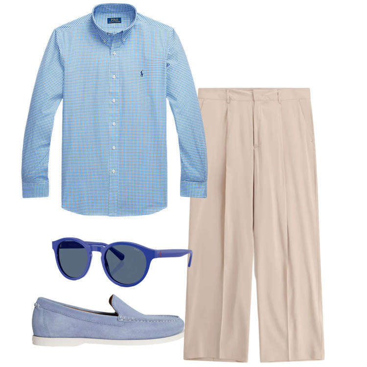 Outfit uomo - Pinces estive. Stile Casual per Tutti i giorni. Abbinamento con pantaloni, camicie, scarpe stringate, occhiali da sole.