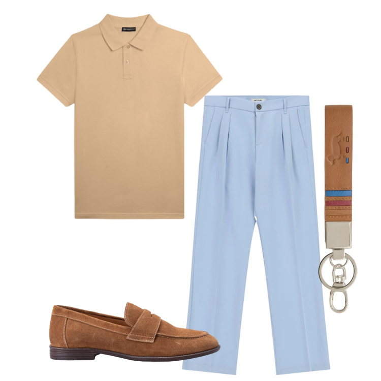 Outfit uomo - Eleganza rilassata. Stile Casual per Tutti i giorni. Abbinamento con portachiavi, polo, scarpe stringate, pantaloni.