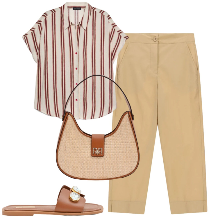 Outfit donna - City. Stile Casual chic per Tutti i giorni. Abbinamento con borse a spalla, sandali gioiello, camicie a manica corta, pantaloni.