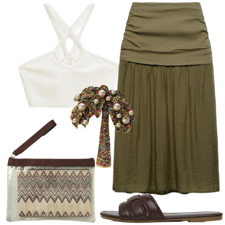 Outfit donna - W l\'estate. Stile Casual chic per Mare. Abbinamento con gonne longuette, pochette, ciabatte, top, blazer.