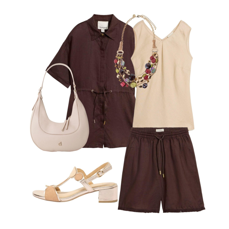 Outfit donna - Sere d estate. Abbinamento con canottiere, bermuda, camicie a manica corta, sandali col tacco, borse a tracolla, collane.