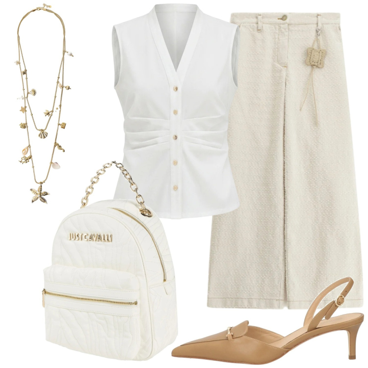 Outfit donna - Elegante semplicità. Stile Bon Ton per Ufficio. Abbinamento con zaini, décolleté, collane, pantaloni a palazzo, camicie a manica corta.
