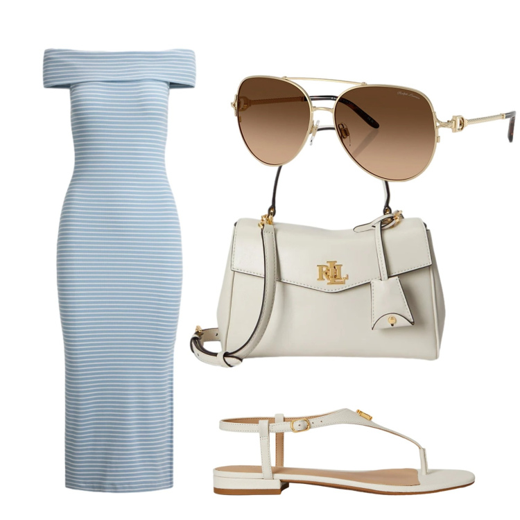 Outfit donna - Una mattina di shopping. Stile Casual chic per Tutti i giorni. Abbinamento con occhiali da sole, sandali in pelle, vestiti lunghi, borse a mano.