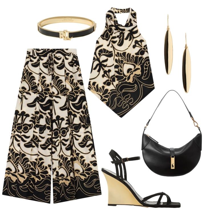 Outfit donna - Serata tropicale astratta. Stile Trendy per Serata fuori. Abbinamento con borse a spalla, braccialetti, orecchini, top, sandali col tacco, pantaloni a palazzo.