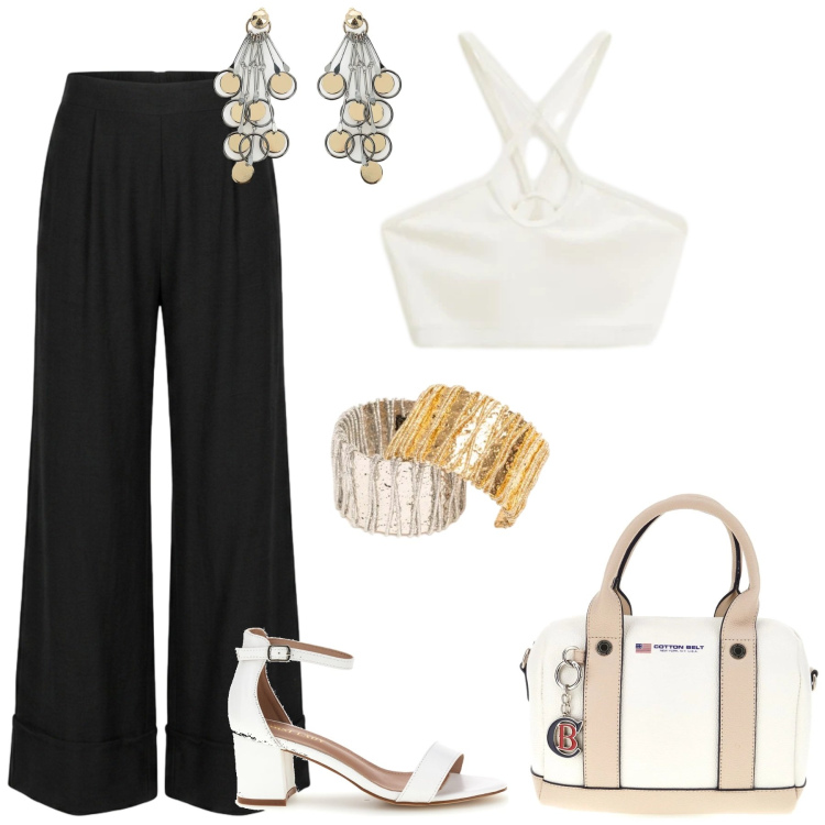 Outfit donna - Cancro. Stile Casual chic per Serata fuori. Abbinamento con top, orecchini, pantaloni a palazzo, braccialetti, sandali col tacco, borse a mano.