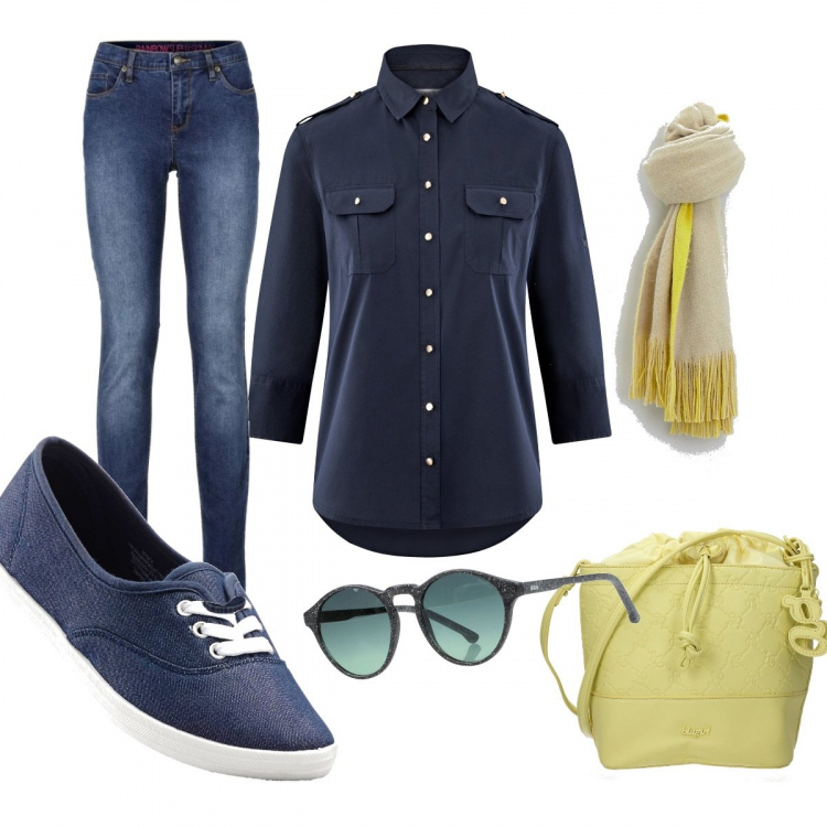 Outfit donna - Maschile. Stile Urban per Tutti i giorni. Abbinamento con sneakers, jeans skinny, occhiali da sole fantasia montatura in plastica, borsa a tracolla con logo frontale giallo, camicia oversize con taschini e ricamo con spalline aderente blu, sciarpa con frange.
