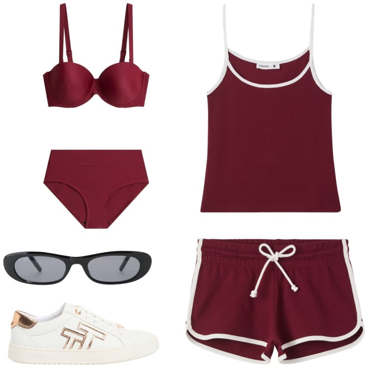 Outfit donna - Total look #2422273. Stile Sporty chic per Mare. Abbinamento con bikini, sneakers, canottiere, shorts, occhiali da sole.