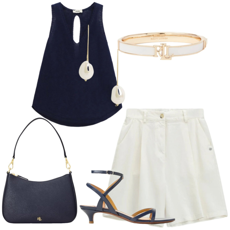 Outfit donna - Total look #2422282. Stile Chic per Serata fuori. Abbinamento con bermuda, borse a spalla, sandali col tacco, orecchini, braccialetti, top.