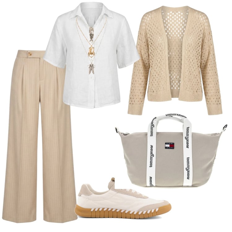 Outfit donna - Total look #2422292. Stile Casual chic per Ufficio. Abbinamento con cardigans, ciondoli, camicie a manica corta, pantaloni a palazzo, sneakers, shopping bag.