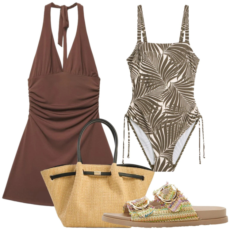 Outfit donna - Total look #2422297. Stile Basic per Mare. Abbinamento con costumi interi, ciabatte, shopping bag, vestiti corti.